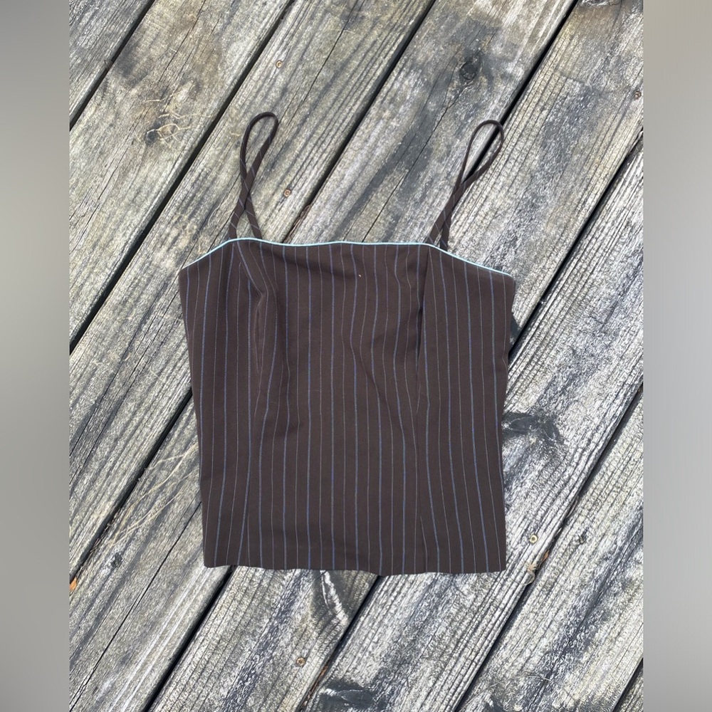Y2K 2000s “slacks” business casual brown with blue stripe cami blouse top